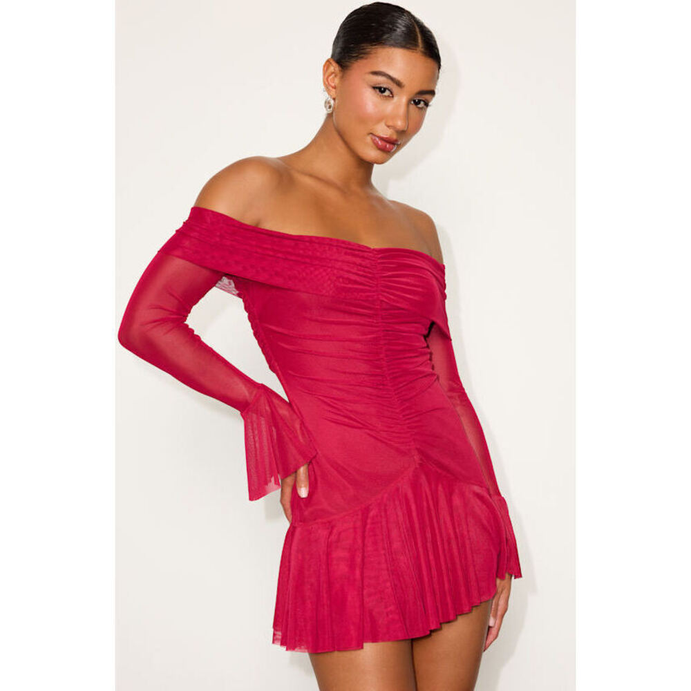 Chembery Milith Red Mesh Off-the-shoulder Mini Dress - Size L